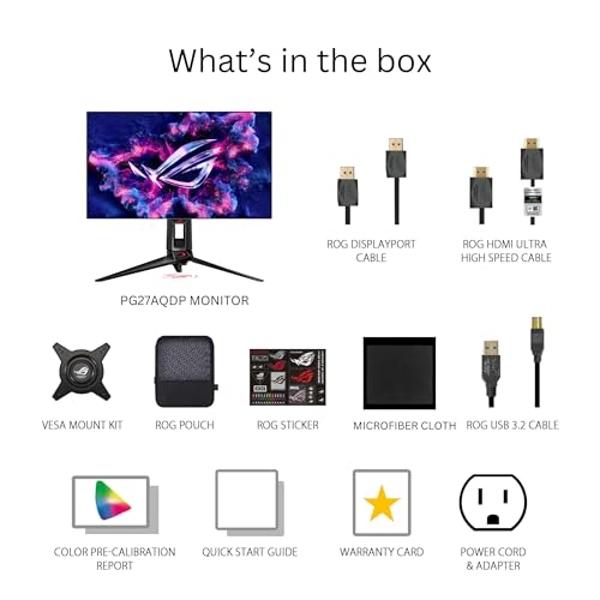 ASUS ROG Swift OLED 27” 1440P Gaming Monitor (PG27AQDP) - WOLED, QHD, 480Hz, 0.03ms, G-SYNC Compatible, Custom Heatsink, AI Assistant, DisplayHDR400 True Black, 99% DCI-P3, True 10