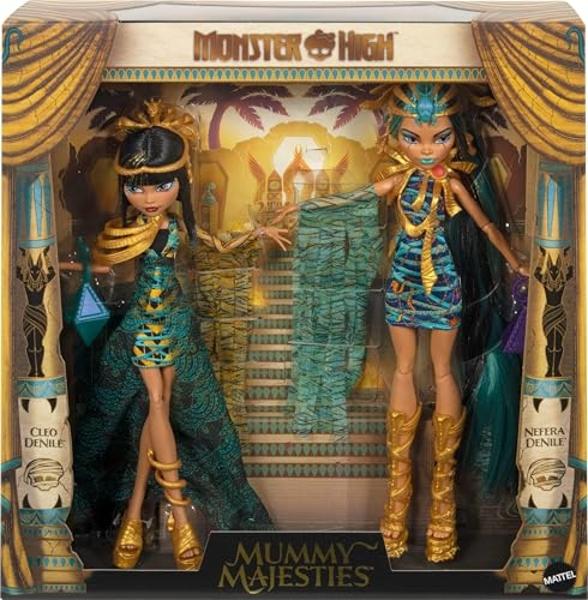 Monster High Fashion Doll Set, Mummy Majesties Cleo & Nefera De Nile Collectible 2-Pack with Golden Accessories & Premium Clothes