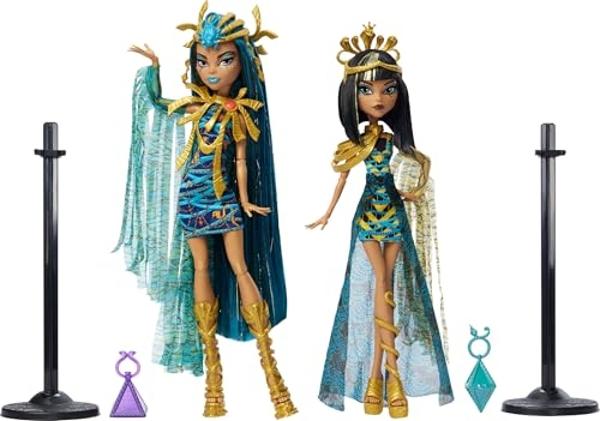 Monster High Fashion Doll Set, Mummy Majesties Cleo & Nefera De Nile Collectible 2-Pack with Golden Accessories & Premium Clothes