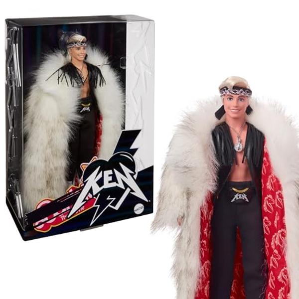 Barbie The Movie Collectible Ken Doll Wearing Big Faux Fur Coat & Black Fringe Vest with Bandana (Amazon Exclusive)