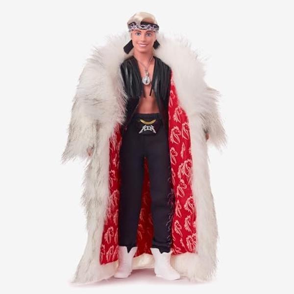 Barbie The Movie Collectible Ken Doll Wearing Big Faux Fur Coat & Black Fringe Vest with Bandana (Amazon Exclusive)
