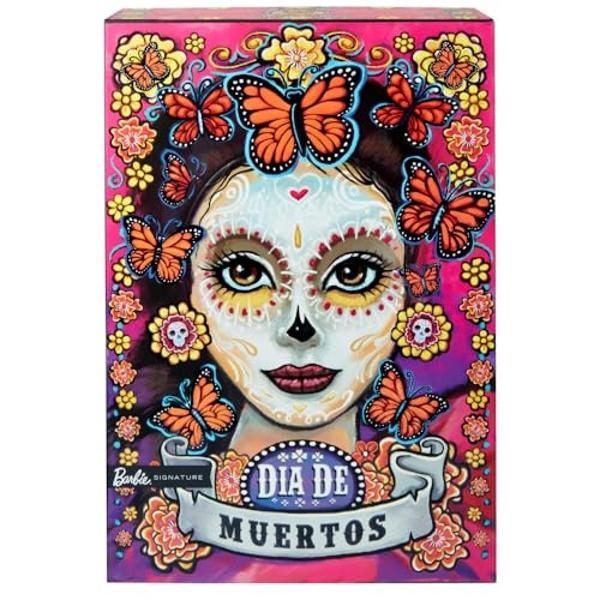Barbie Signature Fashion Doll, 2023 Dia de Muertos Collectible Wearing Ruffled Pink Gown & Holding Tiny Ofrenda, Includes Doll Stand