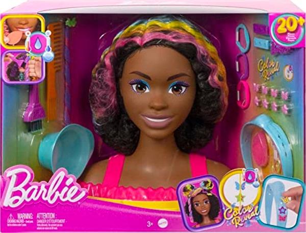 Barbie Totally Hair Styling Doll Head & 20+ Accessories, Color Reveal & Color-Change Pieces, Curly Brown Neon Rainbow Hair