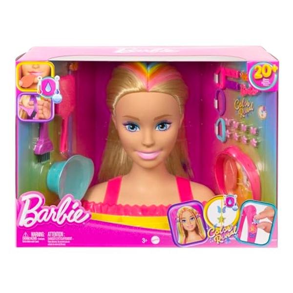 Barbie Totally Hairstyling Doll Head & 20+ Accessories, Color Reveal & Color-Change Pieces, Straight Blonde Neon Rainbow Hair