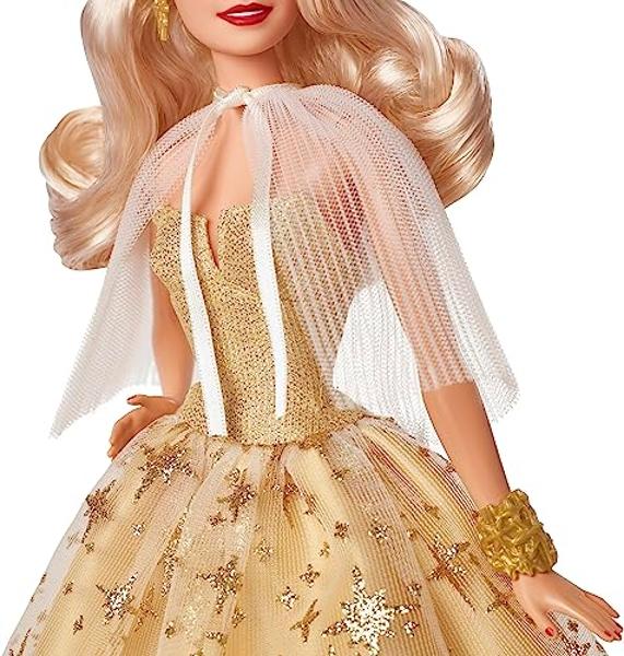 Barbie Signature 2023 Holiday Doll, Blonde Hair Wearing Golden Gown, Collectible with Doll Stand & Certificate of Authenticity