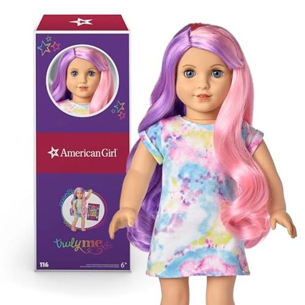 American Girl Truly Me 18-inch Doll #116 with Blue Eyes, Purple-and-Pink Hair, Light Skin, Tie Dye T-shirt Dress, For Ages 6+