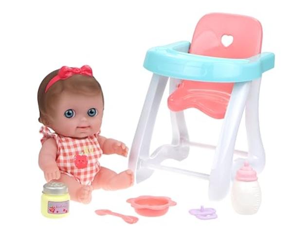 JC Toys Lil Cutesies 9" All Vinyl Baby Doll Feeding Time Gift Set| Posable and Washable | Removable Outfit | High Chair and Feeding Accessories Ages 2+