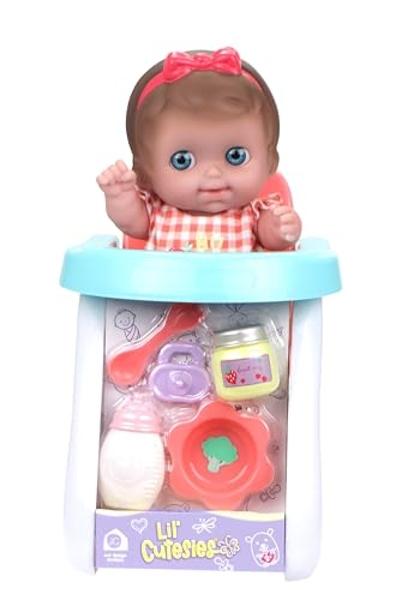 JC Toys Lil Cutesies 9" All Vinyl Baby Doll Feeding Time Gift Set| Posable and Washable | Removable Outfit | High Chair and Feeding Accessories Ages 2+