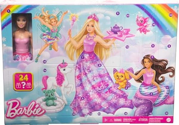 Barbie Dreamtopia Advent Calendar, Fantasy-Themed with 24 Surprises, Daily Toys Include Barbie Fashion Doll, Pets, Clothes & Accessories Like Mermaid Tail & Wings