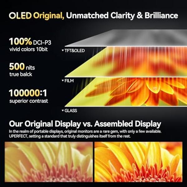 UPERFECT OLED Portable Monitor 16", 3K 2880x1800 | 120Hz | 0.1ms Portable Gaming Monitor, 500 Nits |100% DCI-P3 | 100000:1 Contrast | Ultra-Slim Design for Laptop Mini PC Phone Gam