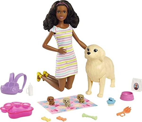 Barbie Doll & Pets, Brunette Doll with Mommy Dog, 3 Newborn Puppies with Color-Change Feature & Pet Accessories