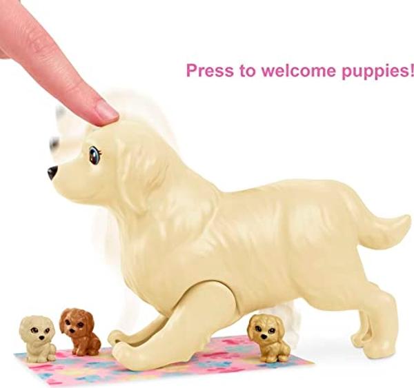 Barbie Doll & Pets, Brunette Doll with Mommy Dog, 3 Newborn Puppies with Color-Change Feature & Pet Accessories