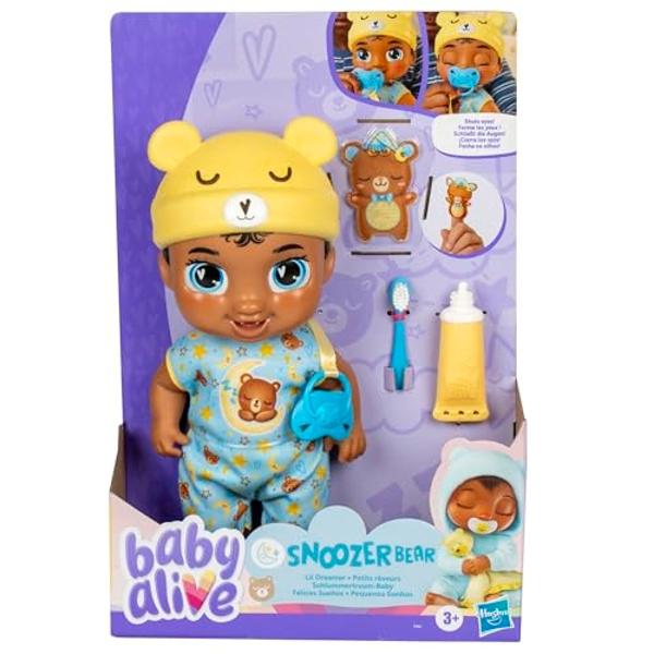 Baby Alive Lil Dreamer Snoozer Bear Sleepy Boy Baby Doll Set, Black Hair, Fun Sleepover Theme, Preschool Toys for Kids 3 Years & Up
