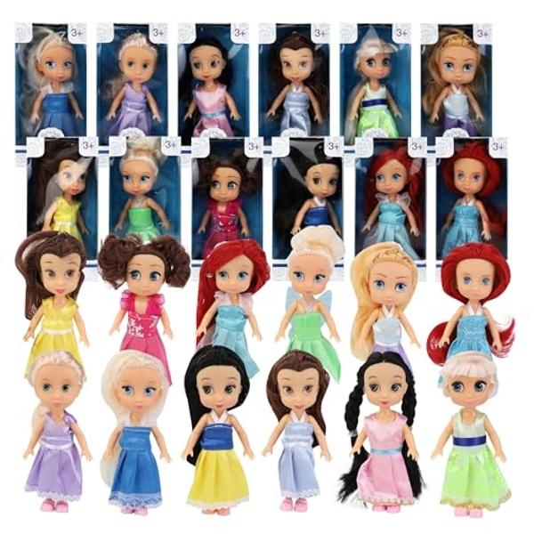 12 Pack Little Royal Princess Dolls - 5" Mini Pocket Size Toddler Toys Fantasy Pretend Play Set with Dress, Accessories for Kids, Girls Dollhouse, Party Favors