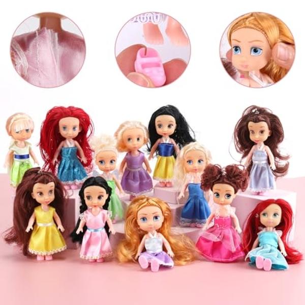 12 Pack Little Royal Princess Dolls - 5" Mini Pocket Size Toddler Toys Fantasy Pretend Play Set with Dress, Accessories for Kids, Girls Dollhouse, Party Favors