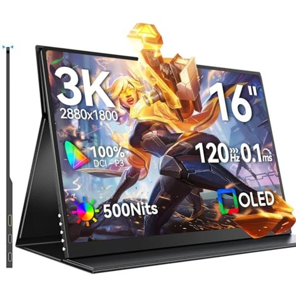 UPERFECT OLED Portable Monitor 16", 3K 2880x1800 | 120Hz | 0.1ms Portable Gaming Monitor, 500 Nits |100% DCI-P3 | 100000:1 Contrast | Ultra-Slim Design for Laptop Mini PC Phone Gam