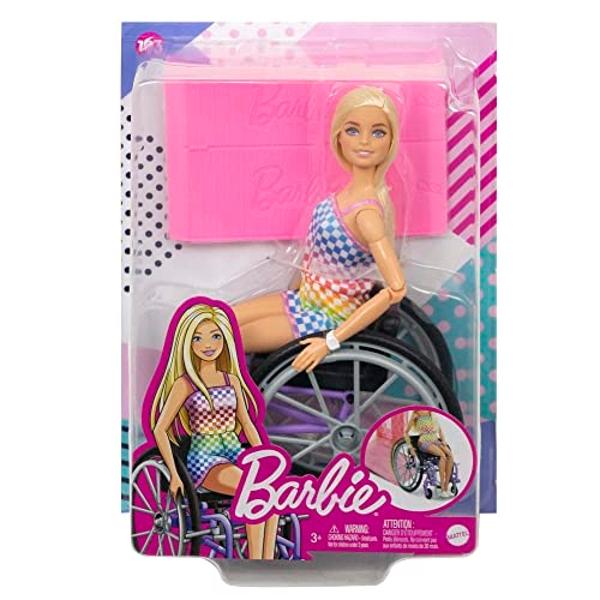 Barbie Fashionistas Doll #194 with Wheelchair & Ramp, Straight Blonde Hair & Rainbow Romper with Accessories