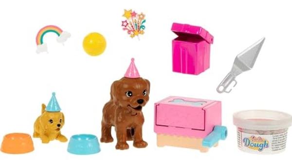 Barbie Doll (11.5-inch Brunette) and Puppy Party Playset with 2 Pet Puppies, Dough, Cake Mold and Accessories, For 3 to 7 Year Olds