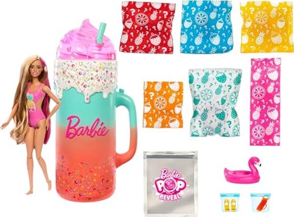 Barbie Pop Reveal Doll & Accessories, Rise & Surprise Fruit Series Gift Set with Scented Doll & Squishy Pet, Color Change, Moldable Sand & More, 15+ Surprises