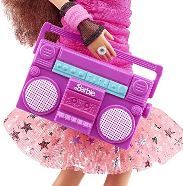Barbie Rewind 80s Edition Dolls’ Night Out Doll, Brunette in Party Look Featuring Neon Jacket, Skirt & Accessories with Cassette Tape Doll Stand