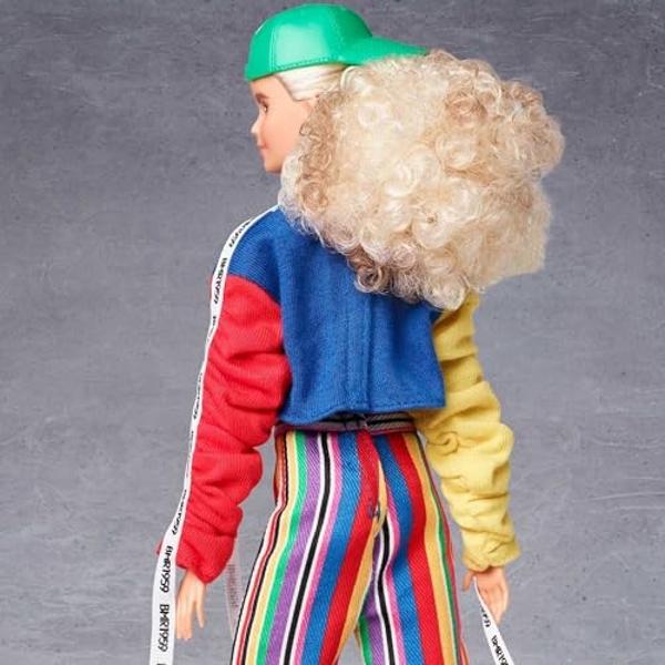 Barbie BMR1959 Fashion Doll with Curly Blonde Hair, in Color Block Sweatshirt with Logo Tape, Fully Poseable, with Accessories and Doll Stand