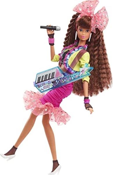 Barbie Rewind 80s Edition Dolls’ Night Out Doll, Brunette in Party Look Featuring Neon Jacket, Skirt & Accessories with Cassette Tape Doll Stand