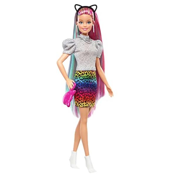 Barbie Doll Leopard Rainbow Hair with Color-Change Highlights & 16 Styling Accessories Including Clothes, Scrunchies, Brush & More