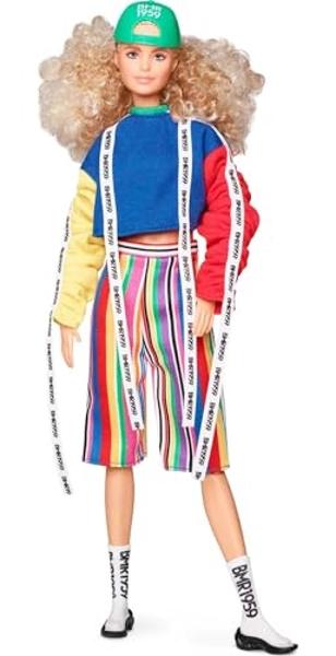 Barbie BMR1959 Fashion Doll with Curly Blonde Hair, in Color Block Sweatshirt with Logo Tape, Fully Poseable, with Accessories and Doll Stand