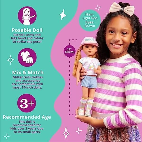 Glitter Girls – 14-Inch Doll Astrid – Poseable Arms & Legs – Light Red Hair & Hazel Eyes – Camping Outfit, Matching Cap, and Glitter Boots – 3 Years + – Astrid