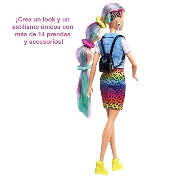 Barbie Doll Leopard Rainbow Hair with Color-Change Highlights & 16 Styling Accessories Including Clothes, Scrunchies, Brush & More