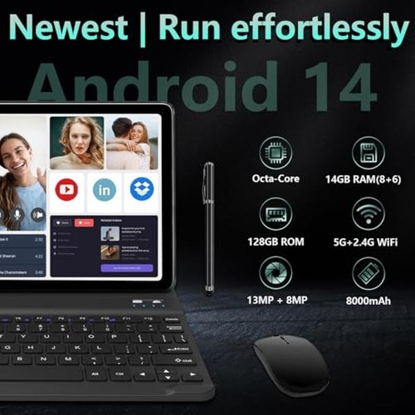 Android 14 Tablet 10 Inch, 4G Cellular Tablets, Octa-Core, 128GB Storage + 14(8+6)GB RAM/ 1TB Expandable, 5G WiFi, 8000mAh Battery, Bluetooth 5.0, 13MP+8MP Camera, Tableta with Key