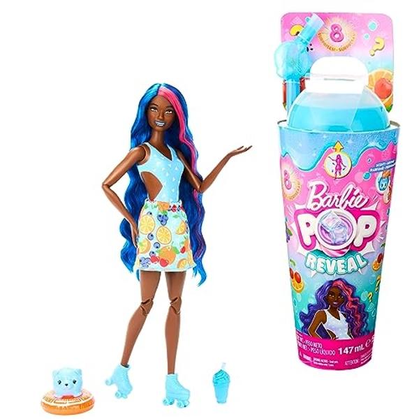Barbie Pop Reveal Doll & Accessories, Fruit Punch Scent with Blue Hair, 8 Surprises Include Slime, Color Change & Puppy