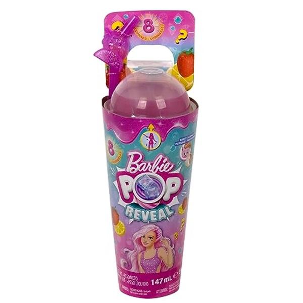 Barbie Pop Reveal Doll & Accessories, Strawberry Lemonade Scent with Pink Hair, 8 Surprises Include Slime & Squishy Puppy