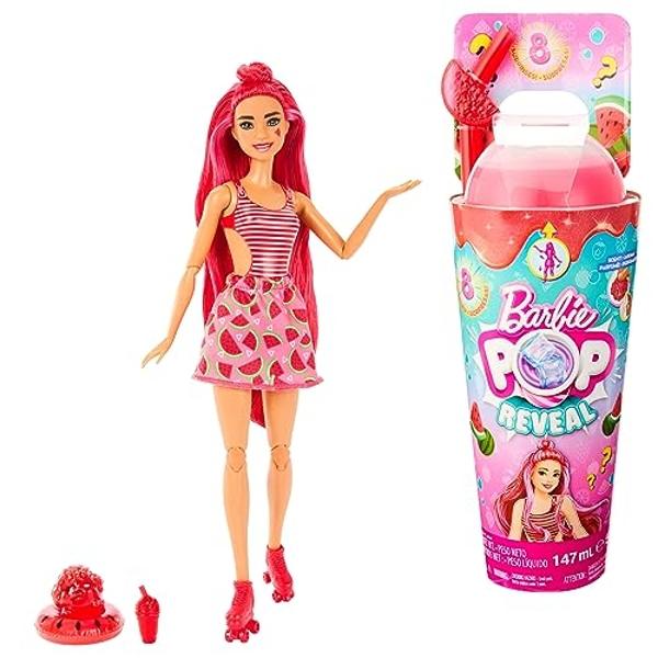 Barbie Pop Reveal Doll & Accessories, Watermelon Crush Scent with Red Hair, 8 Surprises Include Slime & Squishy Puppy
