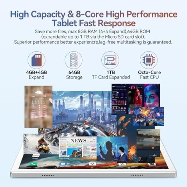 Android 14 Tablet 2025 Latest Tablets, 10 inch Tablet (4+4)GB RAM 64GB ROM 1TB Expand, 2 in 1 Tablets with Keyboard, Case, Stylus, Octa-Core Tableta PC, WiFi 6, Bluetooth,13MP+5MP 