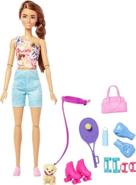 Barbie Self-Care Doll, Brunette Posable Workout Doll with Puppy & Accessories Including Roller Skates & Tennis Rackets