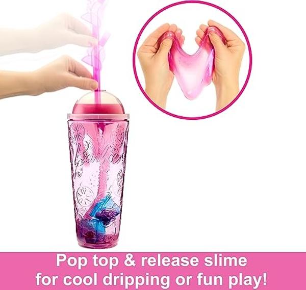 Barbie Pop Reveal Doll & Accessories, Strawberry Lemonade Scent with Pink Hair, 8 Surprises Include Slime & Squishy Puppy