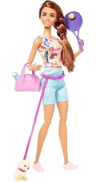 Barbie Self-Care Doll, Brunette Posable Workout Doll with Puppy & Accessories Including Roller Skates & Tennis Rackets