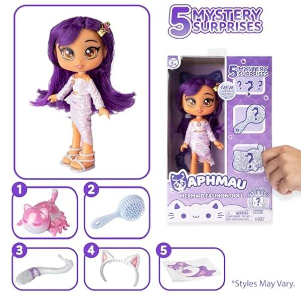 Aphmau Fashion Doll & Accessories Mermaid, 5 Mystery Surprise Toys, Exclusive Glitter MeeMeows Mini Figure, Official Merch