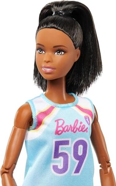 Barbie Careers Fashion Doll & Accessories, Made to Move Brunette Basketball Player Wearing Removable Uniform with Ball, 22 Bendable Joints