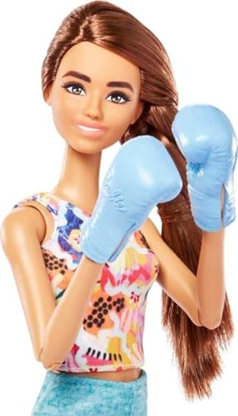 Barbie Self-Care Doll, Brunette Posable Workout Doll with Puppy & Accessories Including Roller Skates & Tennis Rackets