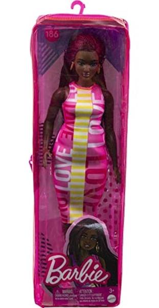Barbie Fashionistas Doll #189, Curvy with Crimson Braids, Sleeveless Love Dress & Accessories Including Sneakers & Hoop Earrings