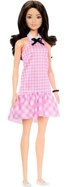 Barbie Fashionistas Doll #224 with Black Wavy Hair, Pink Gingham Dress & Accessories, 65th Anniversary Collectible Toy