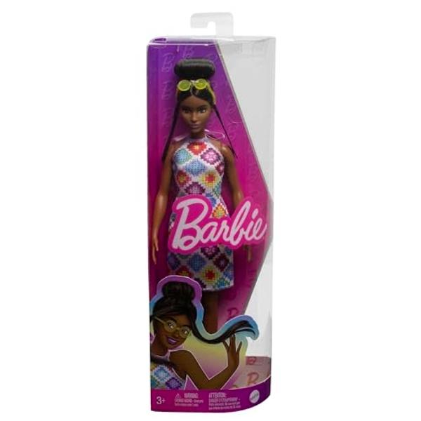 Barbie Fashionistas Doll #210 with Brunette Hair in Bun Wearing Removable Colorful Crochet Halter Dress, Sunglasses & Sandals