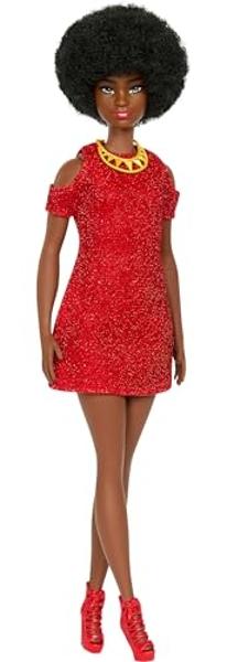 Barbie Fashionistas Doll #221 with Natural Black Hair Wearing Removable Red Dress & Accessories, 65th Anniversary Collectible Toy