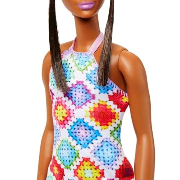 Barbie Fashionistas Doll #210 with Brunette Hair in Bun Wearing Removable Colorful Crochet Halter Dress, Sunglasses & Sandals