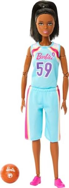 Barbie Careers Fashion Doll & Accessories, Made to Move Brunette Basketball Player Wearing Removable Uniform with Ball, 22 Bendable Joints