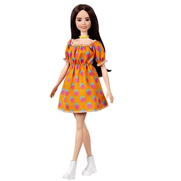 Barbie Fashionistas Doll #160 with Long Brunette Hair Wearing Patterned Orange Dress, White Shoes & Yellow Choker, Toy for Kids 3 to 8 Years Old