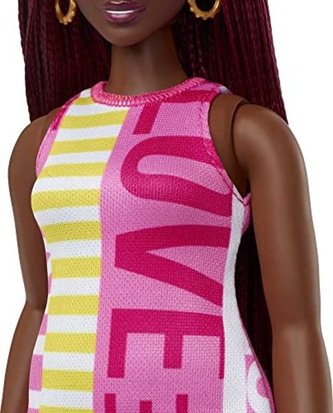Barbie Fashionistas Doll #189, Curvy with Crimson Braids, Sleeveless Love Dress & Accessories Including Sneakers & Hoop Earrings