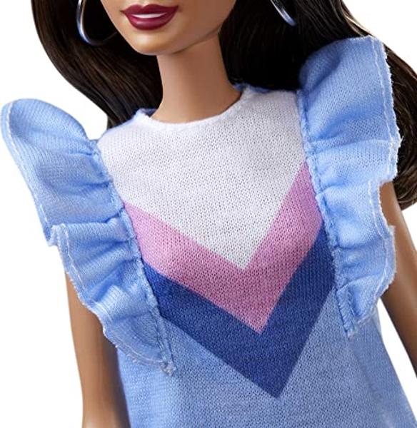 Barbie Fashionistas Doll #160 with Long Brunette Hair Wearing Patterned Orange Dress, White Shoes & Yellow Choker, Toy for Kids 3 to 8 Years Old